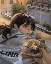  1boy 1girl brown_eyes brown_hair building chainsaw_man city commentary cross_scar denji_(chainsaw_man) english_commentary eyewear_on_head food grey_jacket highres holding holding_food jacket long_hair morning open_mouth outdoors pov pov_hands scar scar_on_cheek scar_on_face scar_on_nose solo sunglasses taorotana yoru_(chainsaw_man) 