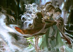  2boys adam's_apple artist_name baku_ten221 black_hair black_hanfu black_nails blood blood_on_arm blood_on_clothes chinese_clothes chromatic_aberration closed_eyes copyright_logo copyright_name cowboy_shot creator_name crying crying_with_eyes_open curtained_hair fangs floating_hair furrowed_brow green_eyes green_hanfu half_updo hand_on_another's_shoulder hanfu high_ponytail highres holding holding_sword holding_weapon horror_(theme) hug hug_from_behind injury light_particles logo long_hair long_sleeves luo_binghe multiple_boys official_art open_mouth parted_bangs parted_lips ponytail renzha_fanpai_zijiu_xitong ribboned_xiao_guan shen_qingqiu sidelocks skeletal_arm skeletal_hand smoke sword tassel tears torn_hanfu twitter_username v-shaped_eyebrows veins veiny_hands very_long_hair wavy_hair weapon wide_sleeves zuiyin 