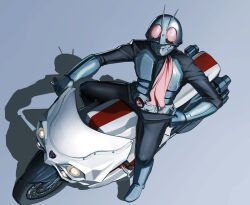  1boy absurdres antennae armor armored_bodysuit black_bodysuit bodysuit boots breastplate bug commentary compound_eyes cyclone_(kamen_rider) english_commentary from_above gloves glowing glowing_eyes gradient_background grasshopper green_armor green_boots green_gloves green_helmet grey_background hand_on_own_hip helmet highres kamen_rider kamen_rider_1 kamen_rider_1_(shin) leather_suit looking_at_viewer looking_up male_focus mask motor_vehicle motorcycle on_motorcycle red_eyes red_scarf rider_belt riding scarf shadow shin_kamen_rider solo tokusatsu typhoon_(kamen_rider) ylong 