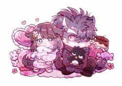  1boy 1girl animal_ears badtz-maru cinnamoroll commentary_request dog_boy dog_ears dog_tail furry furry_male fusehime_(housamo) heart highres long_hair looking_at_viewer male_focus messy_hair ponytail s3zwrtdyqaewnci sanrio scar scar_on_cheek scar_on_face scar_on_nose shino_(housamo) smile tail tokyo_afterschool_summoners white_background 