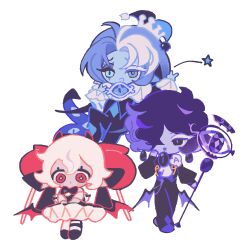  +_+ 1girl 2boys :d apple_hair_ornament aqua_bow aqua_bowtie ascot bare_arms bare_shoulders black_bodysuit black_bow black_bowtie black_dress black_hair black_jacket black_pants black_pantyhose black_sapphire_cookie black_shoes black_wings blue_gem blue_hair blue_hat blue_skin bodysuit bow bowtie bright_pupils brooch brown_pantyhose candy_apple_cookie candy_apple_hair_ornament chibi chibi_only closed_mouth clothing_cutout colored_eyelashes colored_skin commentary cookie_run cookie_run:_kingdom crossed_ankles curtained_hair demon_girl demon_horns demon_wings dot_mouth dot_nose double-parted_bangs double_v dress earrings expressionless food-themed_hair_ornament frilled_sleeves frills full_body gem hair_between_eyes hair_flaps hair_ornament hair_over_one_eye hand_on_own_cheek hand_on_own_face hand_up hands_up hat holding holding_staff horns humanization jacket jester_cap jewelry knee_up long_hair long_sleeves mismatched_eyelashes mismatched_pupils multicolored_hair multiple_boys neck_ruff no_eyebrows one_eye_covered open_mouth own_hands_together pants pantyhose petticoat puffy_long_sleeves puffy_sleeves purple_hair purple_pupils purple_shoes raised_inner_eyebrows red_eyes red_wings reed_(makuri_reed) see-through_clothes see-through_sleeves shadow_milk_cookie shoes short_dress short_hair shoulder_cutout simple_background sleeve_bow slit_pupils smile staff standing standing_on_one_leg streaked_hair striped_clothes striped_pantyhose tareme teardrop_earrings two-tone_pantyhose two-tone_wings untranslatable_commentary v v_arms very_long_hair white_ascot white_background white_eyelashes white_hair white_pupils white_sleeves wings 