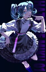  1girl absurdres alternate_hair_length alternate_hairstyle belt belt_buckle black_belt black_skirt blue_eyes blue_hair buckle character_name chinese_clothes commentary cowboy_shot frilled_skirt frills hand_on_own_hip hatsune_miku highres index_finger_raised lolita_fashion long_sleeves looking_at_viewer medium_hair open_mouth pankou qi_lolita shanuraru short_twintails skirt slit_pupils solo standing standing_on_one_leg suspender_skirt suspenders twintails vocaloid 