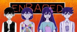  +_+ 1girl 3boys :t angry antenna_hair aubrey_(headspace)_(omori) aubrey_(omori) ball black_eyes black_hair black_tank_top blue_shirt blush bow bright_pupils brothers checkered_clothes clenched_teeth collarbone collared_pajamas colored_skin double-parted_bangs english_text hair_between_eyes hair_bow hero_(headspace)_(omori) hero_(omori) highres holding holding_ball holding_knife holding_spatula kel_(headspace)_(omori) kel_(omori) knife krerue long_hair looking_at_viewer mr._plantegg_(omori) multiple_boys omori omori_(omori) open_mouth pajamas pink_bow purple_hair shirt short_hair siblings sidelocks spatula striped_clothes striped_pajamas stuffed_eggplant t-shirt tank_top teeth tongue vertical-striped_clothes vertical-striped_pajamas violet_eyes white_eyes white_pajamas white_pupils white_skin 
