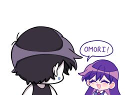  1boy 1girl antenna_hair black_tank_top blush closed_eyes collared_shirt colored_skin commentary double-parted_bangs english_text hair_between_eyes hashtag-only_commentary highres long_hair looking_at_another mari_(headspace)_(omori) mari_(omori) neckerchief omori omori_(omori) open_mouth purple_hair purple_sweater_vest red_neckerchief reii163 shirt short_hair smile speech_bubble spoilers sweatdrop sweater_vest tank_top white_shirt white_skin 