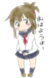  1girl black_sailor_collar black_skirt black_socks brown_eyes brown_hair brown_shoes folded_ponytail full_body inazuma_(kancolle) kantai_collection long_hair looking_at_viewer neckerchief pleated_skirt red_neckerchief sailor_collar sailor_shirt school_uniform serafuku shirt shoes skirt socks solo standing v_arms zatsu_(zasshu_neko) 