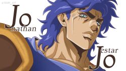  1boy araki_hirohiko_(style) blue_eyes blue_hair blue_shirt english_commentary english_text genda_art hatching_(texture) highres jojo_no_kimyou_na_bouken jonathan_joestar lips looking_at_viewer male_focus messy_hair official_style phantom_blood portrait shirt shoulder_pads simple_background smile solo stone_ocean thick_eyebrows white_background 