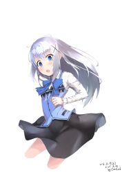  1girl argyle_clothes argyle_vest black_skirt blue_bow blue_bowtie blue_eyes blue_vest bow bowtie buttons collared_shirt commentary_request cropped_legs dated dot_nose floating_clothes floating_hair frilled_bowtie frilled_sleeves frills gochuumon_wa_usagi_desu_ka? hair_between_eyes hair_ornament hairclip highres kafuu_chino light_blush long_hair long_sleeves miniskirt open_mouth overlord_(overlord80000) pleated_skirt pocket shirt sidelocks signature simple_background skirt sleeves_past_wrists solo surprised tareme vest white_background white_hair white_shirt x_hair_ornament 