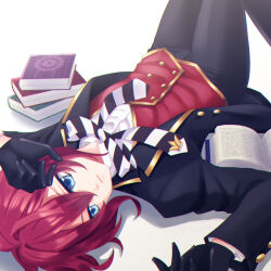  1boy arms_up black_gloves black_jacket black_pants blazer blue_eyes book bow bowtie buttons chisayume chromatic_aberration commentary_request double-breasted gloves hair_between_eyes highres jacket layered_sleeves looking_to_the_side lying male_focus night_raven_college_school_uniform on_back on_floor open_book pants parted_lips red_eyes riddle_rosehearts school_uniform shirt short_hair solo striped_bow striped_bowtie striped_clothes twisted_wonderland vest waistcoat white_shirt 