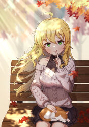  1girl absurdres ahoge autumn autumn_leaves bare_shoulders bench black_skirt blurry blurry_background blush breasts casual closed_mouth collarbone commentary_request cowboy_shot dappled_sunlight day finger_to_mouth floating_hair green_eyes grey_sweater hair_between_eyes hand_up highres hoshii_miki idolmaster idolmaster_(classic) index_finger_raised large_breasts leaf long_hair long_sleeves looking_at_viewer miniskirt off-shoulder_sweater off_shoulder on_bench outdoors park_bench petting pleated_skirt shushing sidelighting sidelocks sizmaru11 skirt smile solo sunlight sweater very_long_hair wavy_hair 