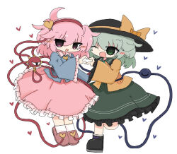  2girls black_boots black_hat blue_shirt boots bow buttons commentary_request eyeball frilled_shirt_collar frilled_skirt frilled_sleeves frills full_body green_eyes green_hair green_skirt hair_ornament hairband hat hat_bow heart heart_button heart_hair_ornament heart_hands heart_hands_duo komeiji_koishi komeiji_satori kuuinusuki leg_up long_sleeves looking_at_viewer multiple_girls one_eye_closed open_mouth pink_eyes pink_hair pink_skirt pink_slippers red_hairband shirt siblings simple_background sisters skirt slippers smile socks third_eye touhou white_background white_socks wide_sleeves yellow_bow yellow_shirt 