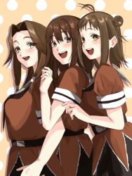  3girls antenna_hair black_neckerchief blush breasts brown_eyes brown_hair commentary_request from_side girl_sandwich green_eyes hair_bun hair_intakes highres jintsuu_(kancolle) kantai_collection large_breasts long_hair looking_at_viewer medium_breasts medium_hair multiple_girls naka_(kancolle) neckerchief open_mouth polka_dot polka_dot_background sailor_collar sandwiched school_uniform sendai_(kancolle) serafuku short_sleeves simple_background teeth tonegawa_manjirou upper_teeth_only white_sailor_collar 
