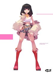  1girl artist_name blackpink blunt_bangs boots brown_eyes commentary crop_top dinsai_studio full_body hand_on_own_hip highres jewelry knee_boots lisa_(blackpink) medium_hair midriff necklace pink_lips red_boots shorts simple_background single_bare_shoulder solo teeth upper_teeth_only watermark white_background 