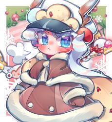  1girl 9lfylqjnuann3vr :< antlers arms_at_sides blue_eyes blue_hair blue_hat blush border bow bright_pupils brown_capelet brown_dress brown_mittens bush buttons capelet closed_mouth commentary_request cookie_run cookie_run:_ovenbreak cowboy_shot deer_antlers double-breasted dress eyes_visible_through_hair food fur-trimmed_capelet fur-trimmed_dress fur-trimmed_sleeves fur_trim grey_pupils hat highres horns humanization korean_commentary long_hair long_sleeves looking_at_viewer mittens outside_border pink_background puffy_long_sleeves puffy_sleeves red_bow simple_background snowflake_background solo standing stollen_cookie symbol-shaped_pupils tsurime v-shaped_eyebrows white_border 