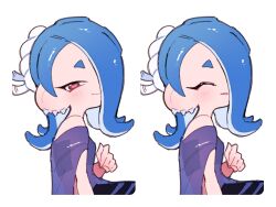  1girl absurdres blue_hair blue_shawl cephalopod_eyes closed_mouth commentary_request earrings hair_over_one_eye hairband highres jewelry koyubisss long_hair looking_at_viewer multiple_earrings multiple_views octoling red_eyes red_pupils shawl shiver_(deep_cut_outfit)_(splatoon) shiver_(splatoon) short_eyebrows simple_background smile splatoon_(series) splatoon_3 tentacle_hair thick_eyebrows tooth_earrings white_background white_hairband 