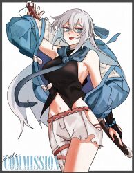  1girl absurdres asymmetrical_legwear bare_shoulders beads blue_jacket blue_ribbon bob_cut border bridal_gauntlets closed_eyes commission crossed_bangs denim double-parted_bangs eiyuu_densetsu english_commentary ezekquel grey_border hair_between_eyes hair_ribbon half_updo highres holding holding_sword holding_weapon jacket jeans kuro_no_kiseki_(series) kuro_no_kiseki_ii long_hair midriff navel open_clothes open_jacket pants partially_unbuttoned prayer_beads ribbon rope shimenawa shizuna_rem_misurugi signature simple_background sleeveless smile solo sword tongue tongue_out torn_clothes torn_jeans torn_pants upper_body very_long_hair weapon white_background white_hair windbreaker 