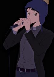  1boy absurdres animification arms_up belt belt_buckle black_belt black_coat black_hair blue_hat blue_pants brown_eyes buckle chinese_commentary chullo chunai_tuju coat collared_shirt commentary_request cowboy_shot craig_tucker denim grey_shirt hat highres holding holding_microphone jeans layered_sleeves looking_to_the_side male_focus microphone open_clothes open_coat pants shirt shirt_tucked_in sideways_glance solo south_park 