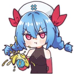  1girl banana blue_gloves blue_hair chibi colphne_(girls'_frontline_2) colphne_(silent_heart)_(girls'_frontline_2) food fruit girls'_frontline_2:_exilium girls_frontline gloves hat holding holding_food looking_at_viewer red_eyes rishe_(reeeeshe) upper_body white_background 