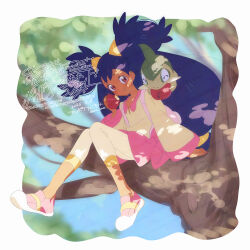  1girl apple axew backpack bag big_hair blush bow brown_eyes closed_eyes closed_mouth dark-skinned_female dark_skin eating food fruit highres in_tree iris_(pokemon) long_hair long_sleeves outdoors pink_bag pink_skirt pokemon pokemon_(anime) pokemon_(creature) pokemon_bw_(anime) purple_hair red_eyes serizawa_serizane shirt shoes sitting skirt smile socks tree tusks two_side_up very_long_hair waist_bow white_shirt 