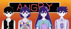  +_+ 1girl 3boys :t angry antenna_hair aubrey_(headspace)_(omori) aubrey_(omori) ball black_eyes black_hair black_tank_top blue_shirt blush bow bright_pupils brothers checkered_clothes closed_mouth collarbone collared_pajamas colored_skin double-parted_bangs english_text hair_between_eyes hair_bow hero_(headspace)_(omori) hero_(omori) highres holding holding_ball holding_knife holding_spatula kel_(headspace)_(omori) kel_(omori) knife krerue long_hair looking_at_viewer mr._plantegg_(omori) multiple_boys omori omori_(omori) pajamas pink_bow purple_hair shirt short_hair siblings sidelocks spatula striped_clothes striped_pajamas stuffed_eggplant t-shirt tank_top tongue vertical-striped_clothes vertical-striped_pajamas violet_eyes white_pajamas white_pupils white_skin 