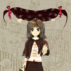  1girl black_capelet black_eyes black_hair black_hat black_skirt blush bow capelet gap_(touhou) hat hat_bow holding holding_unworn_clothes holding_unworn_hat kams looking_at_viewer outstretched_hand shirt short_hair skirt smile touhou unworn_hat unworn_headwear usami_renko white_shirt zun_(style) 