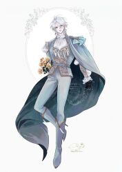  1boy absurdres b_etty01tm black_gloves boots cape commentary_request earrings flower gloves gold_trim hana_himeru_kimi_no_meteor heterochromia highres jewelry lavi_van_valentin male_focus official_art pants rose simple_background tassel white_hair yellow_flower yellow_rose 