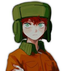  1boy animification breast_pocket chinese_commentary chunai_tuju closed_mouth collared_jacket commentary_request freckles green_eyes green_hat hat highres jacket kyle_broflovski male_focus orange_jacket pocket red_hair simple_background solo south_park ushanka white_background wing_collar zipper_pull_tab 