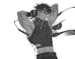  1boy armpits arms_up battle_tendency crop_top fingerless_gloves gijojogi gloves greyscale headband highres jojo_no_kimyou_na_bouken joseph_joestar joseph_joestar_(young) male_focus midriff monochrome scarf shirt solo striped_clothes striped_scarf tight_clothes tight_shirt triangle_print tying_headband 