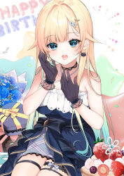  1girl :o aizawa_ema aizawa_ema_(1st_costume) aqua_hair black_gloves blonde_hair blue_dress blue_eyes blue_flower blue_rose bouquet box cake choker commentary_request cowboy_shot dress earrings flower food fruit gift gift_box gloves gradient_hair hair_flaps hair_ornament hands_up happy_birthday heart-shaped_box highres jewelry lace lace_choker long_hair manyako_(mohumohu) multicolored_hair open_mouth rose sitting solo star_(symbol) strawberry virtual_youtuber vspo! 