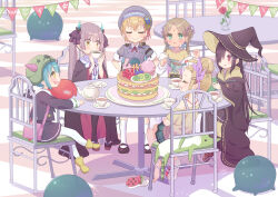  +_+ 6+girls absurdres anniversary black_hair black_hat black_robe black_shoes blonde_hair brown_hair bungo_yayoi cake chair closed_eyes commentary_request crab_claw cup drinking food full_body green_eyes grey_hair hair_over_one_eye hands_on_own_hips haru_meguru hat heaven_burns_red highres holding holding_cup long_bangs long_hair long_sleeves looking_at_another low_twintails maruyama_kanata maruyama_squad_(heaven_burns_red) mary_janes multiple_girls narby_(heaven_burns_red) ogasawara_hisame one_eye_covered ooshima_yotsuha red_eyes robe shoes sitting smug tea tea_party teacup teapot tenne_miko twintails v-shaped_eyebrows vritika_balakrishnan wide_sleeves witch witch_hat yellow_eyes 