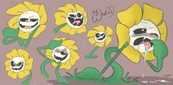  1boy 2021 2d artist_name black_sclera brown_background colored_sclera commentary digital_media english_commentary fangs flower flower_focus flowey_(undertale) foxywolxy full_body half-closed_eye male male_only multiple_expressions multiple_views one_eye_closed open_mouth plant saliva signature simple_background skin_fangs solo tongue tongue_out undertale utdr_(toby_fox) yellow_flower 