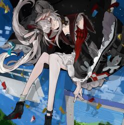  black_shoes closed_mouth clothing_cutout diamond_(shape) diamond_facial_mark diamond_on_cheek facial_mark full_body hashtag-only_commentary hat hat_ornament heart heart_facial_mark heart_on_cheek highres honkai:_star_rail honkai_(series) long_sleeves looking_at_viewer mark_under_both_eyes mini_hat mini_top_hat multicolored_hair rabbit_ear_headwear rabbit_hat_ornament red_streaks shoes shoulder_cutout sitting smile sparkle_(honkai:_star_rail) sparxie_(honkai:_star_rail) streaked_hair tkg_st top_hat twintails white_hair 