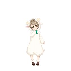  1girl aged_down animal_costume animal_ears animal_hood bow bowtie brown_hair child closed_mouth cosplay fake_animal_ears fake_horns game_cg green_bow green_bowtie hand_up hood hood_up horns kigurumi long_sleeves looking_at_viewer love_live! love_live!_school_idol_festival love_live!_school_idol_project minami_kotori official_art onesie sheep_costume sheep_ears sheep_hood sheep_horns simple_background smile solo standing tachi-e third-party_source transparent_background yellow_eyes 