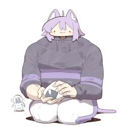  1girl :3 ahoge animal_ears cat_ears cat_girl cat_tail cocomayo29_(tomato) commentary_request hair_between_eyes hololive hood hoodie korean_commentary long_hair muscular muscular_female nekomata_okayu nekomata_okayu_(1st_costume) onigirya_(nekomata_okayu) purple_hair tail very_long_hair virtual_youtuber 