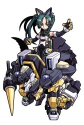  1girl animal_ears closed_mouth earrings elbow_gloves exoskeleton extra_arms fake_animal_ears gauntlets gloves gold_trim green_eyes green_hair green_trim hair_ribbon harakawa_mitsuhiro holding holding_polearm holding_weapon jewelry leotard long_hair mecha_musume official_art polearm pygmalion ribbon robot shinrabanshou solo spear tail third-party_source transparent_background twintails weapon white_ribbon 