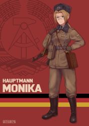 1girl absurdres akm ammunition_pouch artist_name assault_rifle bag black_boots black_necktie blonde_hair blue_eyes boots brown_hair brown_jacket brown_pants character_name commentary east_german east_german_flag east_germany english_commentary full_body glasses grzegorz1996 gun gun_sling hair_intakes hand_on_own_hip hat highres jacket kalashnikov_rifle long_sleeves looking_at_viewer military military_hat military_rank_insignia military_uniform mpi-km nationale_volksarmee necktie original pants ponytail pouch red_background rifle satchel shirt shoulder_boards smile soldier solo ushanka weapon white_shirt
