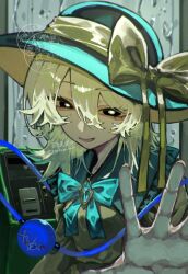  1girl aqua_bow aqua_bowtie aqua_gem artist_name black_hat black_sclera bow bowtie breasts bright_pupils chayo_bababa collared_shirt colored_sclera commentary_request criss-cross_straps eyelashes frills gem green_bow green_eyes green_hair green_hat hair_between_eyes half-closed_eyes hand_up hat hat_bow highres indoors jewelry komeiji_koishi large_bow long_sleeves looking_at_viewer medium_breasts open_mouth pendant phone phone_booth rain shirt short_hair smile solo third_eye touhou two-sided_fabric two-sided_headwear watermark white_pupils wide_sleeves yellow_bow 