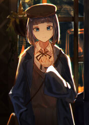  1girl absurdres beret black_hat blue_eyes cokei collared_shirt commentary hat highres light_smile long_sleeves looking_at_viewer medium_hair original ribbon shirt solo 