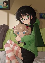  1girl black_hair black_skirt capelet commentary english_commentary feet_out_of_frame from_side fumo_(doll) genderswap genderswap_(mtf) glasses green_capelet green_eyes green_hoodie highres hood hoodie incoming_attack incoming_punch indoors kermit_the_frog long_hair long_sleeves meme miniskirt muppets neuro-sama open_mouth personification picture_frame pleated_skirt punching sitting skirt solo striped_clothes striped_thighhighs thigh-highs vedal987 vedal_ai window_shadow zs_in_china 