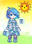  1girl :3 ahoge blue_eyes blue_hair boots cape card chibi cirno dress full_body highres multicolored_hairband patchwork_clothes pote_(ptkan) purple_footwear rainbow_gradient short_hair solo_focus standing sun symbol-only_commentary tenkyuu_chimata touhou white_cape 