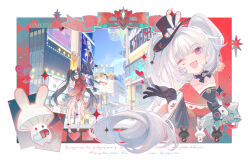  2girls :d ;d absurdly_long_hair aha_(honkai:_star_rail) animal_ears bare_shoulders bell billboard black_choker black_gloves black_hair black_hat black_sash blue_eyes blush bow braid breasts brown_hair building butterfly-shaped_pupils chinese_commentary choker circle_facial_mark clothing_cutout clouds commentary_request criss-cross_halter day diamond_(shape) diamond_facial_mark diamond_on_cheek dress elbow_gloves english_text facial_mark flower flower_tattoo fox_mask gloves grey_hair gun hair_bow hair_ornament hair_ribbon halterneck hat hat_ornament heart heart_facial_mark heart_on_cheek heart_print holding honkai:_star_rail honkai_(series) jewelry long_hair long_sleeves looking_at_viewer mark_under_both_eyes mask mask_on_head mini_hat mini_top_hat mojie multicolored_hair multiple_girls neck_bell neon_lights one_eye_closed open_mouth outdoors picture_frame pink_eyes planarcadia_(honkai:_star_rail) rabbit_ear_headwear rabbit_hat_ornament red_dress red_sleeves revolver ribbon sash short_hair shoulder_cutout single_glove skirt sky smile snubnosed_revolver sparkle_(honkai:_star_rail) sparxie_(honkai:_star_rail) strapless supplicant_mask symbol-shaped_pupils tattoo thumbs_up_emoji top_hat twintails very_long_hair violet_eyes virtual_youtuber weapon white_dress white_gloves white_hair 