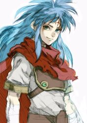 1boy armor blue_eyes blue_hair breath_of_fire breath_of_fire_i cape closed_mouth commentary_request facial_mark forehead_mark highres kannoaki long_hair looking_at_viewer male_focus red_cape ryu_(breath_of_fire_i) simple_background smile solo white_background 