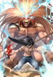  2boys abs aotsuki_ushio beast_spear black_hair denim electricity feet_out_of_frame fighting_stance grin highres holding holding_polearm holding_weapon jeans long_hair looking_at_viewer male_focus monster_boy multiple_boys muscular muscular_male navel orange_hair pants pectorals polearm smile standing topless_male tora_(ushio_to_tora) ushio_to_tora very_long_hair weapon yoshio_(55level) 