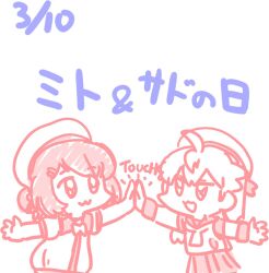  2girls :3 ahoge chibi commentary date_pun dress ferret-san gloves hat high_five kaiboukan_no._30_(kancolle) kantai_collection long_hair monochrome multiple_girls number_pun pleated_skirt red_theme sado_(kancolle) sailor_collar sailor_dress sailor_hat sailor_shirt shirt short_hair skirt 