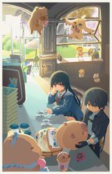  1boy 1girl abby_(wuthering_waves) black_choker black_gloves black_hair black_jacket cafe capybara chisa_(wuthering_waves) choker closed_mouth cup gloves grey_shirt highres indoors jacket light_blush long_hair looking_at_another male_rover_(wuthering_waves) mole mole_under_eye namipon_(wuthering_waves) red_eyes rover_(wuthering_waves) shirt teacup tsu_zd turning_head wuthering_waves 