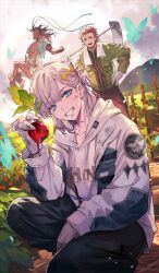  3boys animal_head beard black_pants blue_eyes brown_facial_hair brown_hair bug butterfly centaur chaldea_boys_collection clouds cloudy_sky commentary_request dirty drawstring facial_hair farm fate/grand_order fate_(series) food game_cg green_jacket grin holding holding_food holding_hoe holding_vegetable hood hoodie horse horse_head jacket looking_at_viewer male_focus medium_hair multiple_boys my_kind_of_abduction oberon_(fate) official_art open_clothes open_jacket outdoors ozaki_domino pants partial_commentary radish red_hare_(fate) short_hair sky smile solo_focus squatting standing taur third-party_source towel towel_around_neck vegetable white_hair white_hoodie white_jacket william_shakespeare_(fate) 