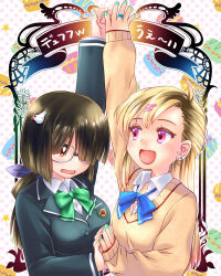  2girls arm_up bird_hair_ornament black_hair black_jacket blonde_hair blue_bow blue_bowtie blue_nails bow bowtie brown_eyes brown_sweater collared_shirt earrings fang glasses green_bow green_bowtie gyaru hair_bow hair_ornament hair_over_one_eye hairclip hand_on_another's_hand jacket jewelry lapels long_hair long_sleeves looking_at_another low_ponytail multiple_girls nail_polish nyaou_(round_facer) one_eye_covered open_mouth original parallel_hairclips pink_eyes ponytail ring shirt sleeves_past_wrists smile standing sweater white_shirt 