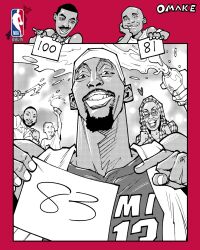  1girl 5boys bam_adebayo basketball_uniform beard bilingual_commentary border bottle celebration character_request commentary_request english_commentary facial_hair greyscale heart highres holding holding_bottle kobe_bryant logo looking_at_viewer male_focus miami_heat mixed-language_commentary monochrome multiple_boys mustache national_basketball_association outside_border pointing real_life red_border second-party_source short_hair smile sportswear very_short_hair water water_bottle wilt_chamberlain 