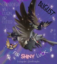  alternate_color animal_focus arrow_(symbol) ashionglee bird black_sclera bright_pupils character_name closed_mouth colored_sclera commentary corviknight corvisquire dated emphasis_lines english_commentary english_text flying full_body instagram_username no_humans open_mouth pokemon pokemon_(creature) pokemon_focus purple_background red_eyes rookidee shiny_pokemon sparkle white_pupils 