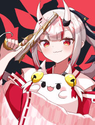  :3 commentary_request dot_nose fang gun hair_between_horns highres holding holding_gun holding_weapon hololive horn_ornament horns looking_at_viewer mk_haku multicolored_hair nakiri_ayame nakiri_ayame_(shrine_maiden) official_alternate_costume poyoyo_(nakiri_ayame) red_eyes red_hair skin_fang virtual_youtuber weapon white_hair 