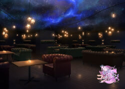  armchair candle chair commentary_request copyright_logo couch hanging_light hedge light_bulb logo mizui_xl night no_humans official_art outdoors restaurant running_bond scenery sky star_(sky) starry_sky table wooden_floor youko-san_wa_kon_to_naku 